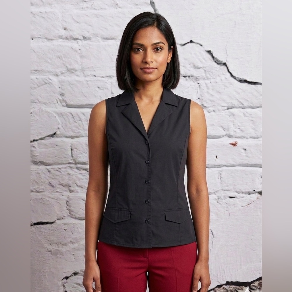 Vintage Talbots 100% Cotton Sleeveless Black Button-Front Top Vest Pockets